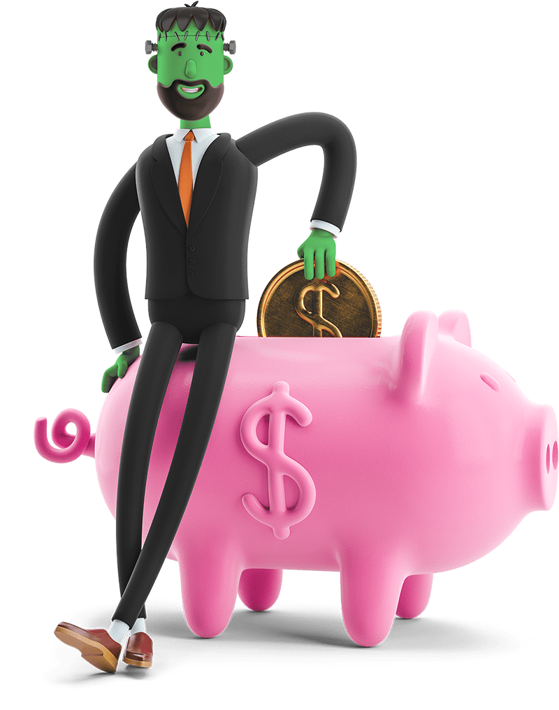Frankenbilly putting money in piggy bank