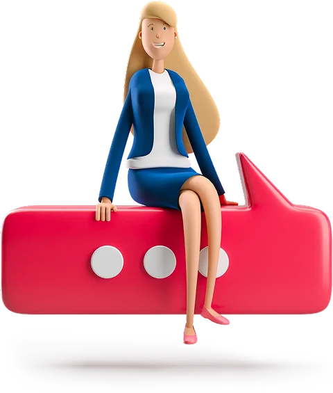 Sally sitting on a text bubble